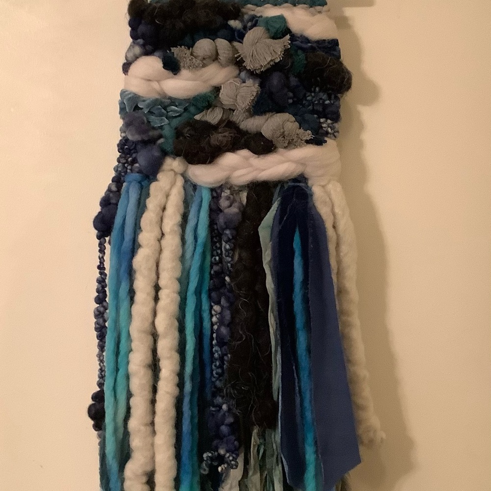 Macrame Woven Wall Hanging in turquoise, black, and grey, Macrame, and fibers